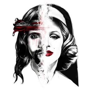 Black and white sketch of Jesus and Marilyn Monroe as two halves of a whole