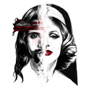sketch of jesus christ and marilyn monroe as two parts of a whole
