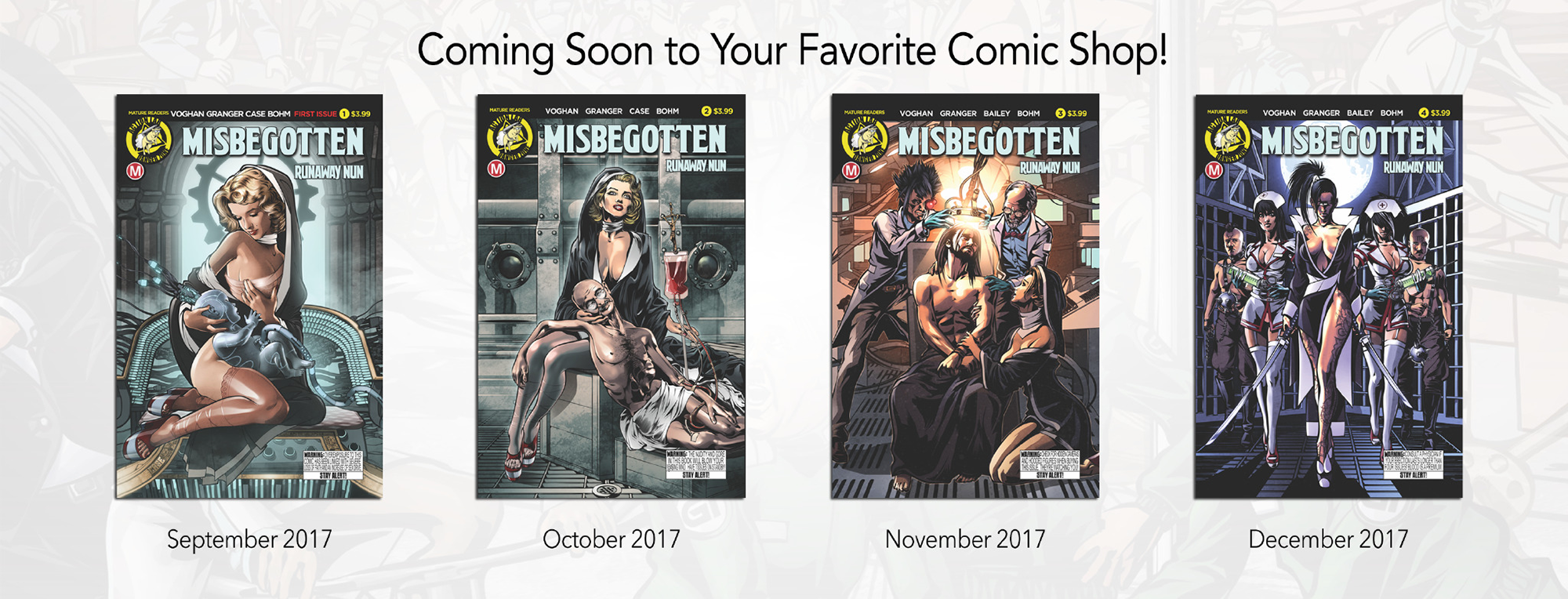 Coming soon to your favorite comic shop-shows four covers to Misbegotten comics