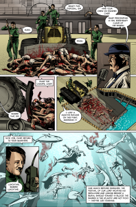 Comic sample page from Misbegotten Runaway Nun Issue 2 with attacking sharks